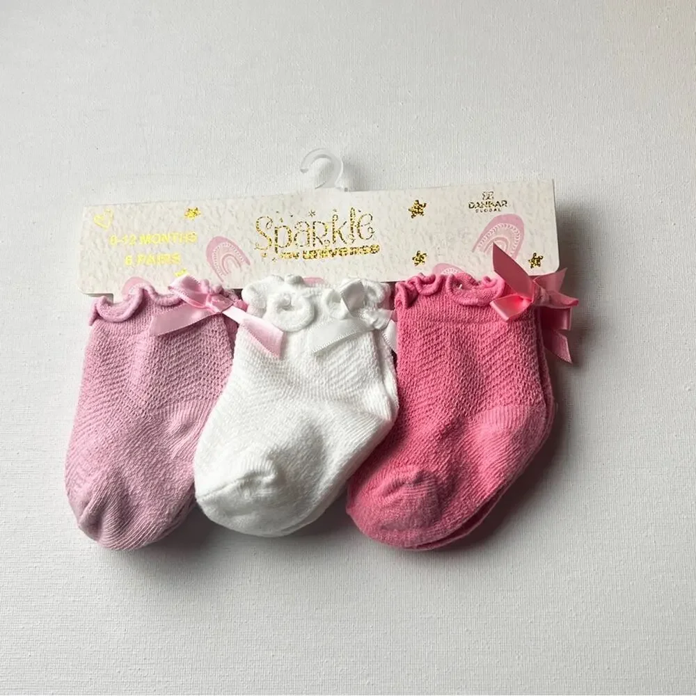 Sparkle My Universe Kids Bow Ankle Multi-pack Socks Sz 6-12 M Six Pairs